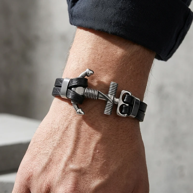 Bracelet Homme Ancre Noir, Deux Rangs en Acier