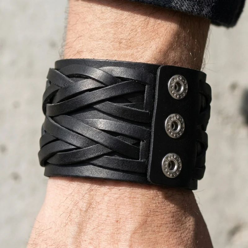 Bracelet Homme Large Cuir Tressé, Manchette à Pressions