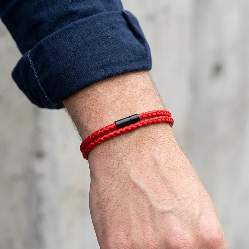 Bracelet Rouge Homme Double Rang en Cordon Tressé