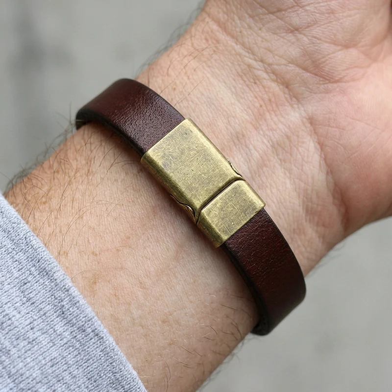 Bracelet Marron Homme, Cuir de Vachette et Fermoir Plaque