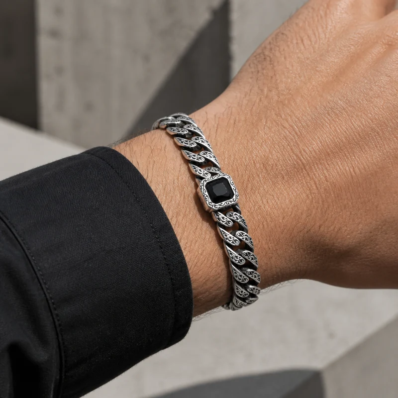 Bracelet Homme Argent 925 à Pierre Carrée Sertie