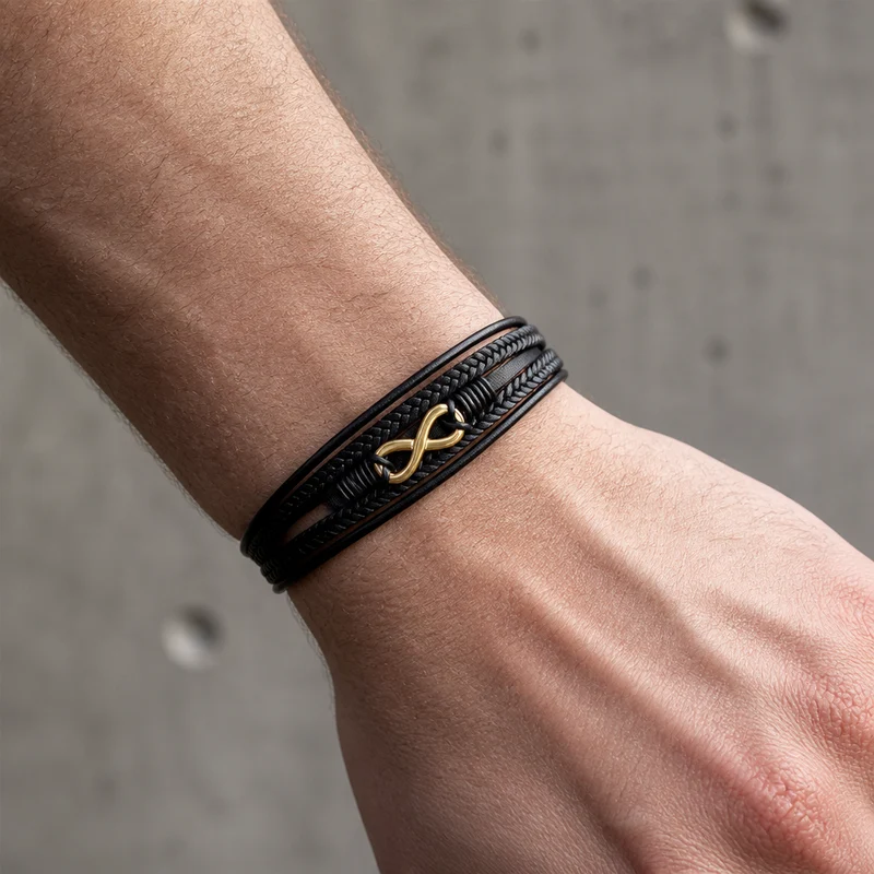 Bracelet Homme Moderne, Cuir Multi-Rangs et Infini