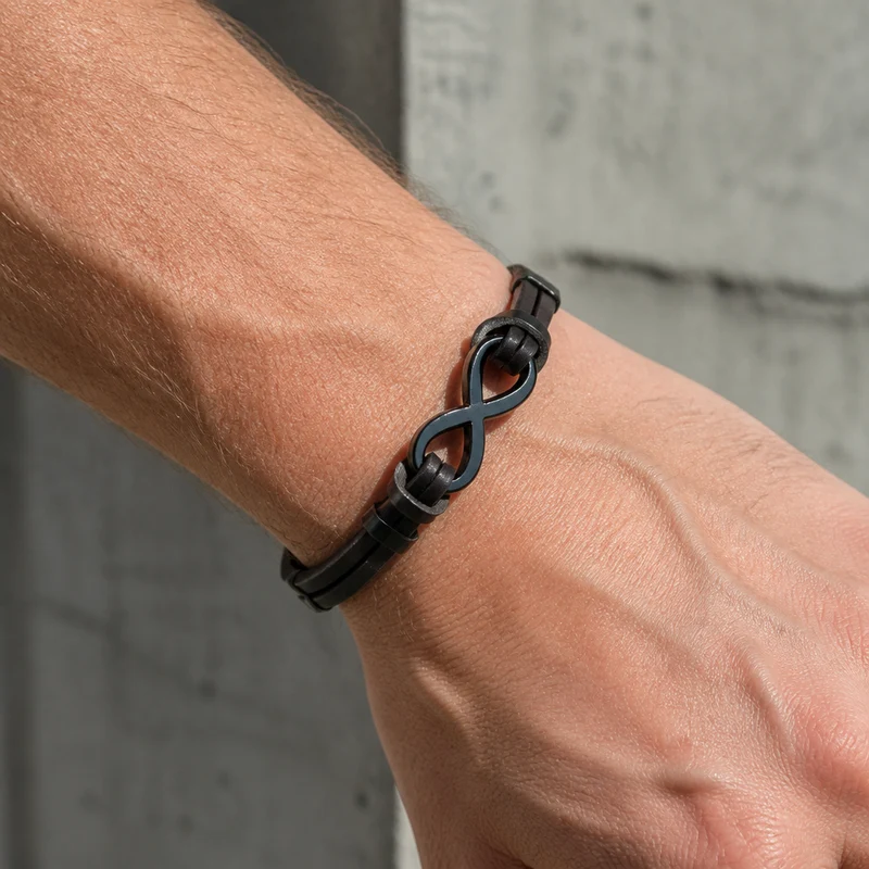 Bracelet Homme Jeune, Symbole Infini en Cuir et Acier