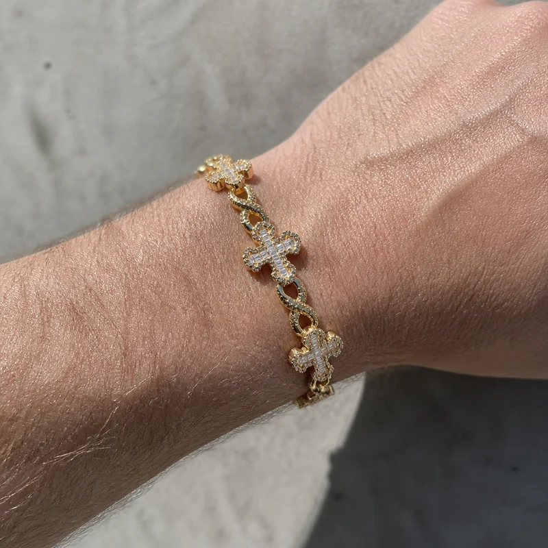 Bracelet Religieux Homme, Croix Pavées Effet Diamant