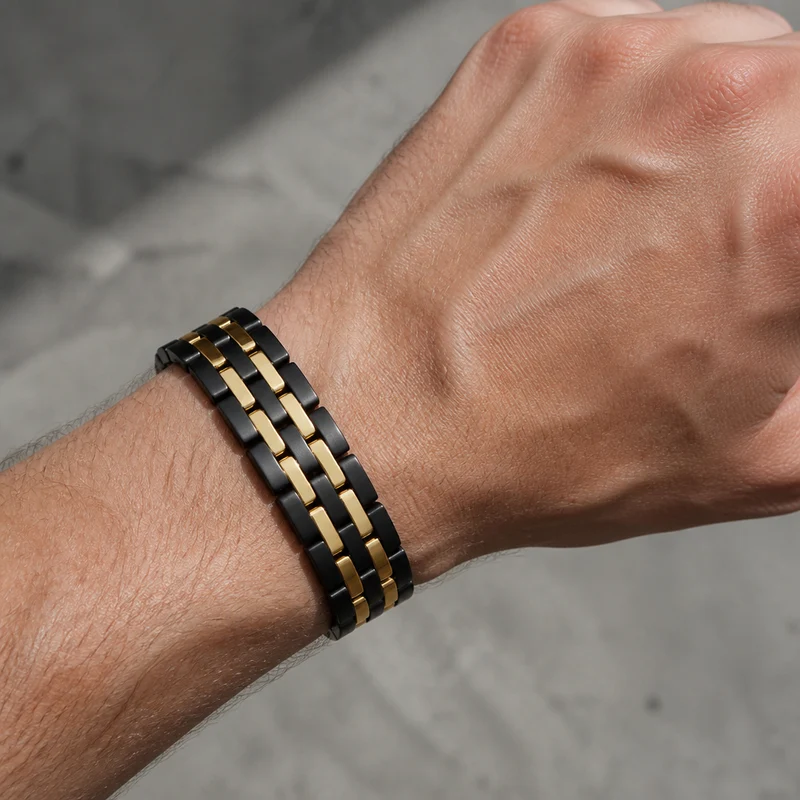 Bracelet Homme Bicolore Noir et Or, Acier Magnétique