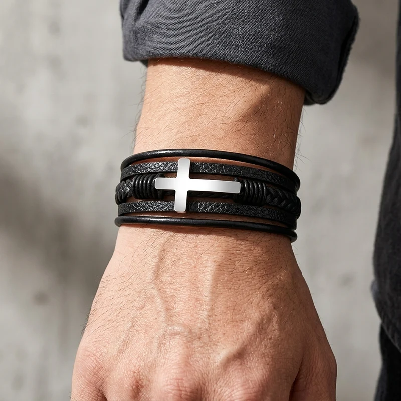 Bracelet Multirang Homme, Croix Acier et Cordons Noirs