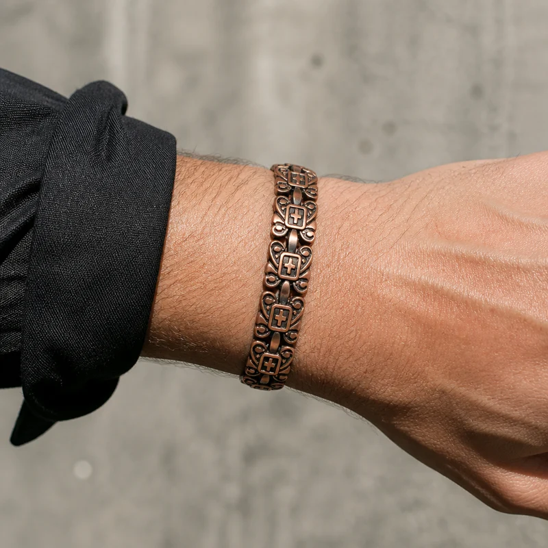 Bracelet Maillon Homme en Cuivre Ciselé, Aimanté