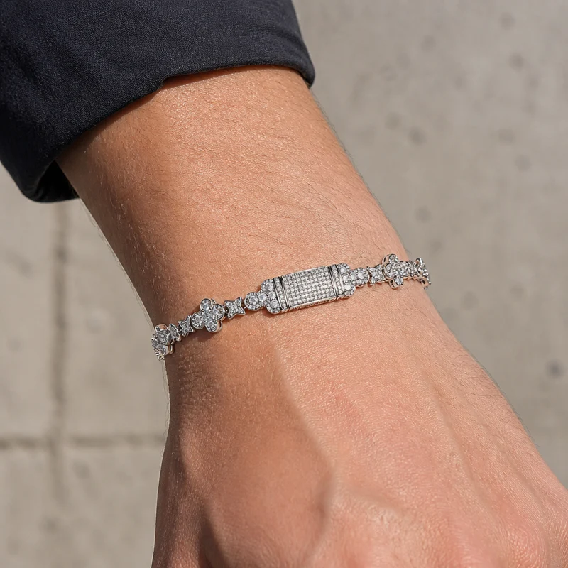 Bracelet Trèfle Homme, Maillons Pavés Effet Diamant