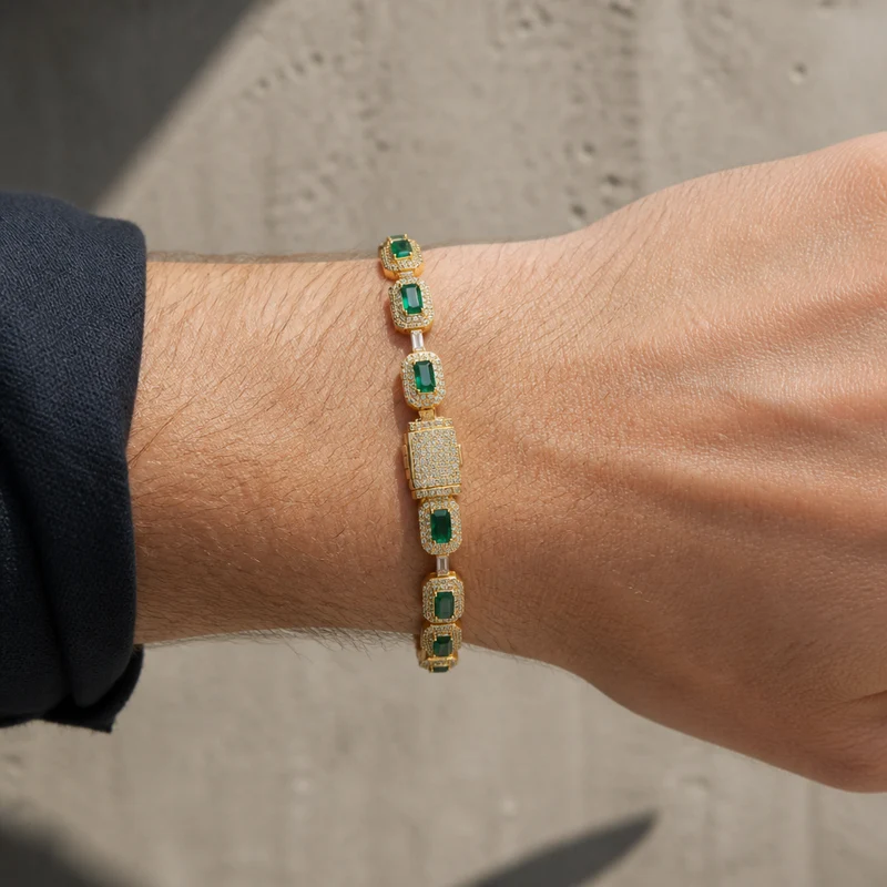 Bracelet Homme Vert, Pierres Cerclées Effet Diamant