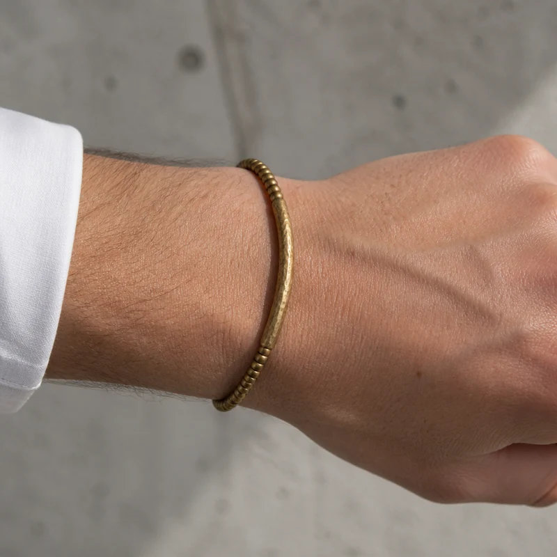 Bracelet Homme Doré, Perles Plates en Laiton Patiné