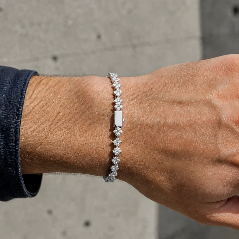 Bracelet Tennis Homme, Fleurs Serties Effet Diamant