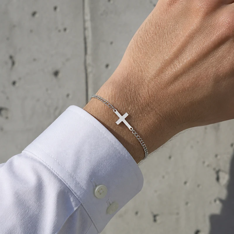 Bracelet Chrétien Homme, Croix sur Chaîne Fine Acier