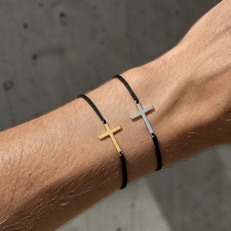 Bracelet Homme Femme Duo, Croix sur Cordon Noir