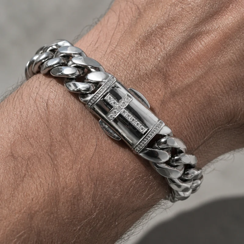 Bracelet Cubain Homme en Acier, Fermoir Croix