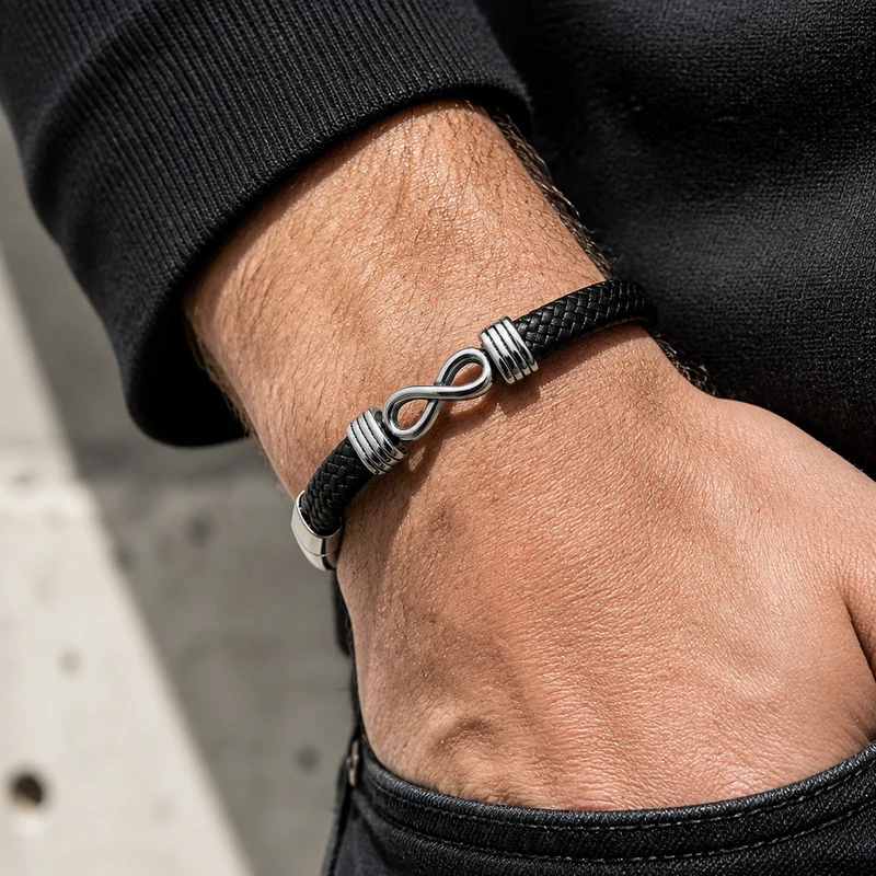 Bracelet Homme Punk Infini, Cordon Noir et Acier