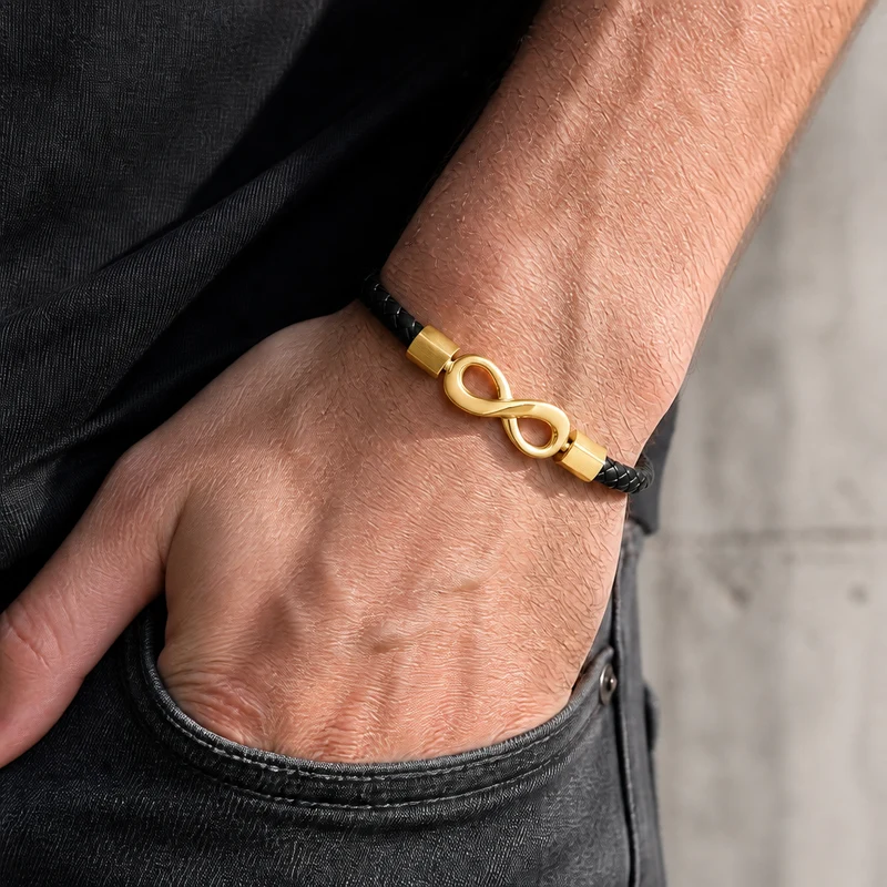 Bracelet Cuir Homme Infini Tressé en Acier Inoxydable