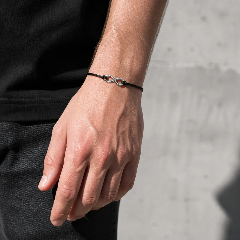 Bracelet Homme Réglable Infini en Cordon Ciré Noir