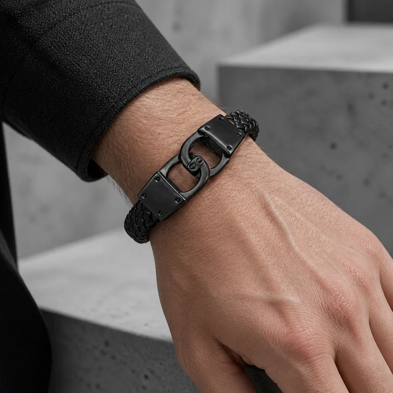 Bracelet Cuir Acier Homme Tressé à Fermoir Anneaux