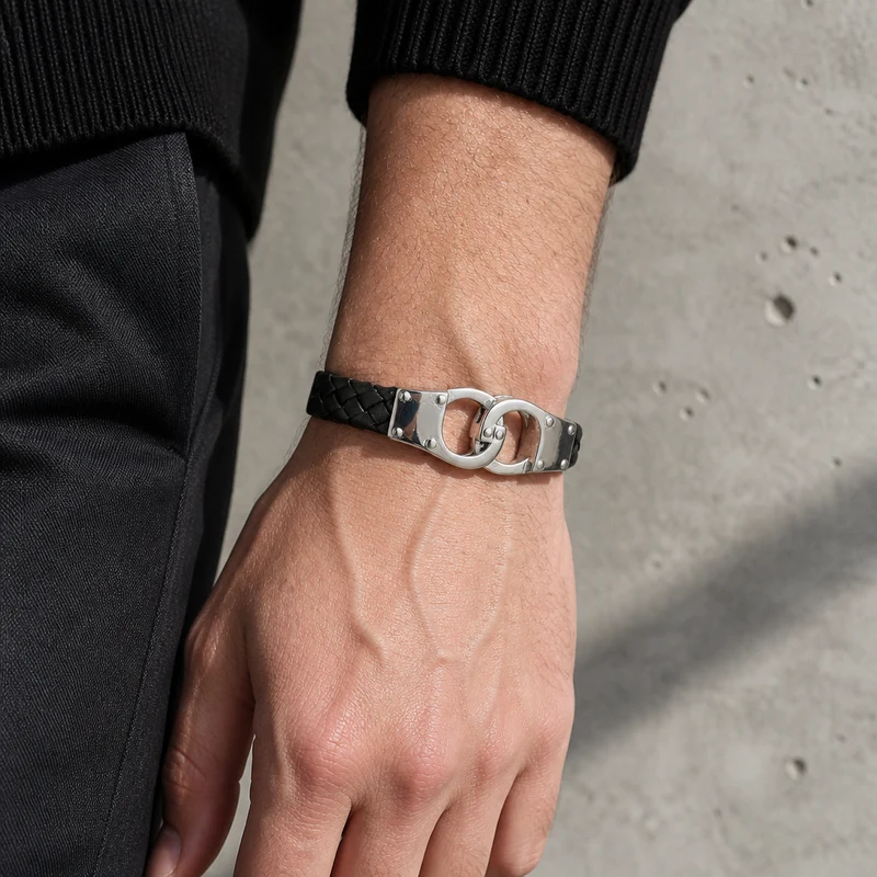 Bracelet Menotte Homme, Lanière Tressée Noire et Acier