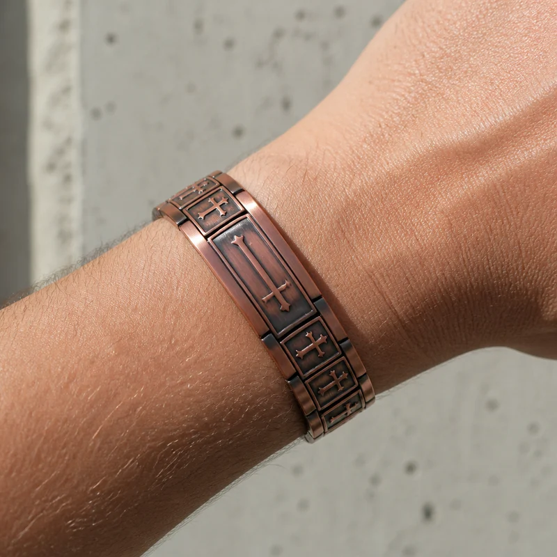 Bracelet Homme avec Croix Aimanté, Cuivre Antique