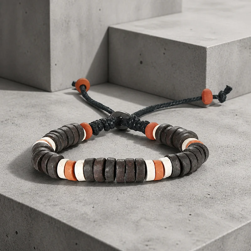 Bracelet Ethnique Homme Perles de Bois et Pierre Ajustable