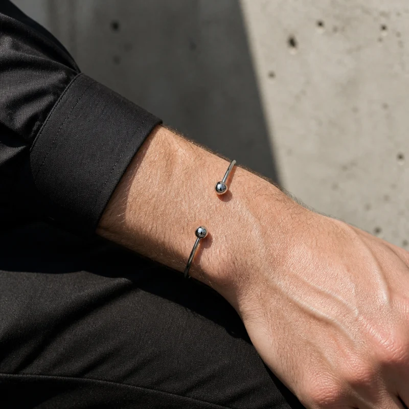 Bracelet Simple Homme Jonc Ouvert Acier à Boules