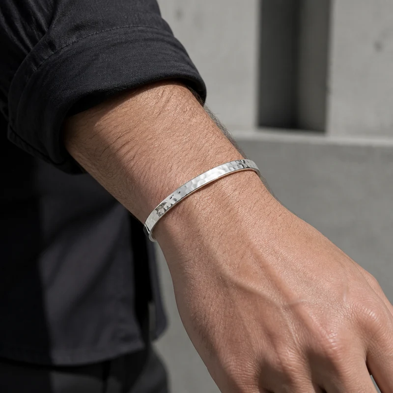 Bracelet Homme Argent Martelé Jonc Ouvert à Graver