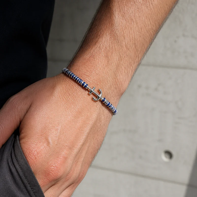 Bracelet Bleu Homme Perlé à Ancre en Acier Inoxydable