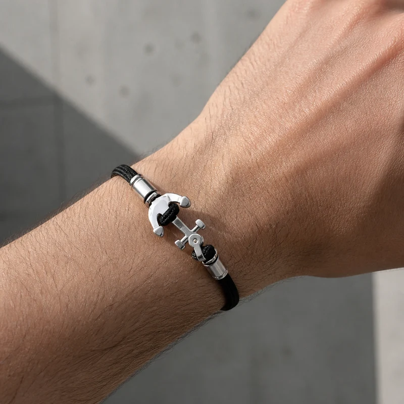 Bracelet Homme Ancre Bateau en Cordon et Acier