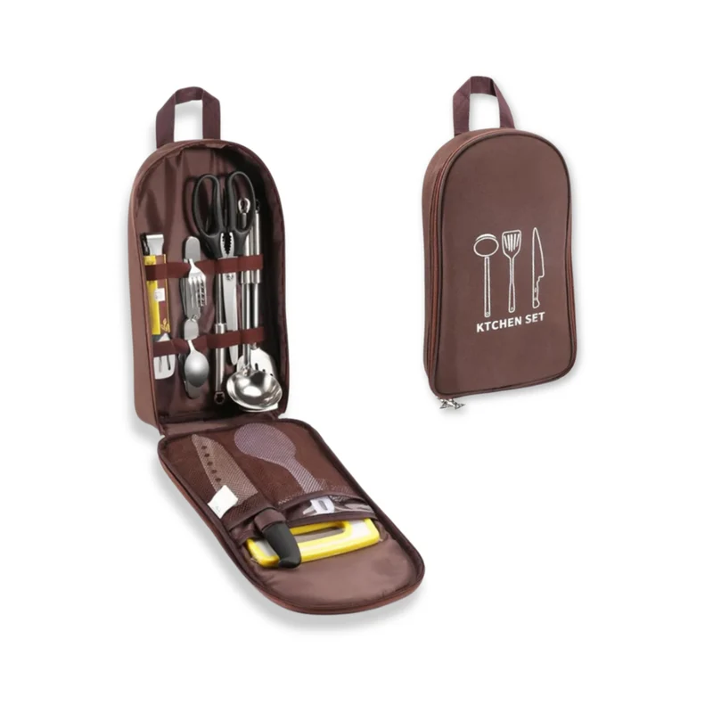 Kit d’ustensiles de cuisine pour camping avec housse de rangement