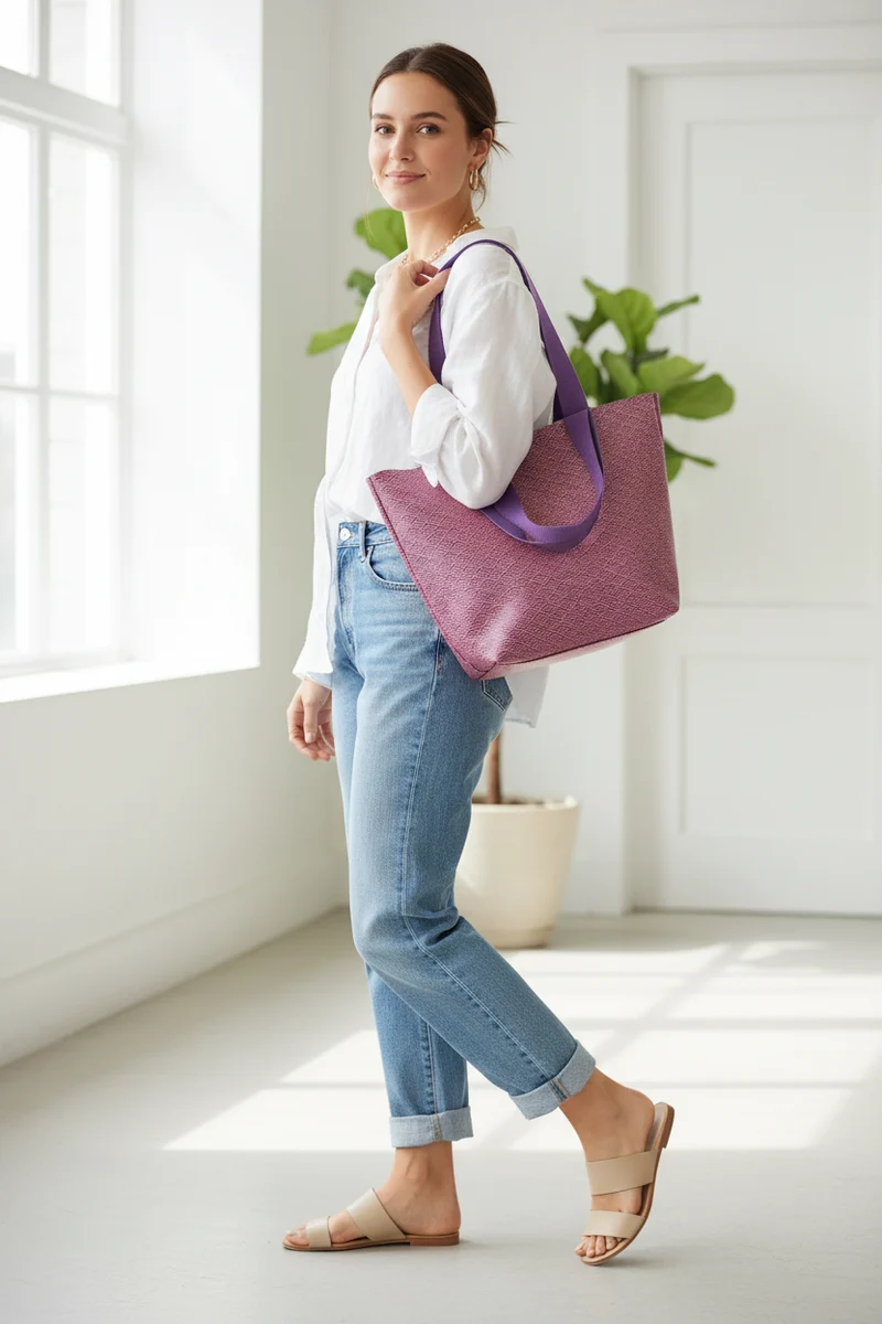 Tote bag simili cuir – Motif vagues japonaises rose & violet