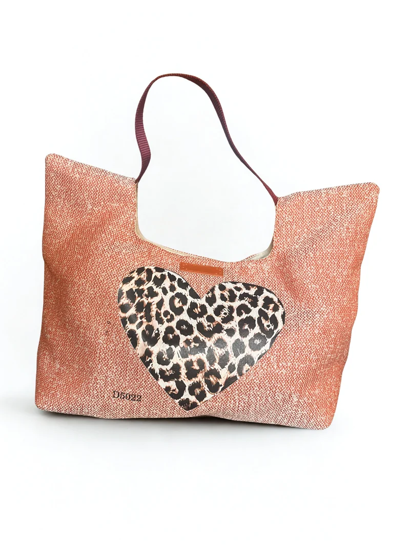 Sac Cabas – Tissu Chiné Terracotta & Cœur Léopard