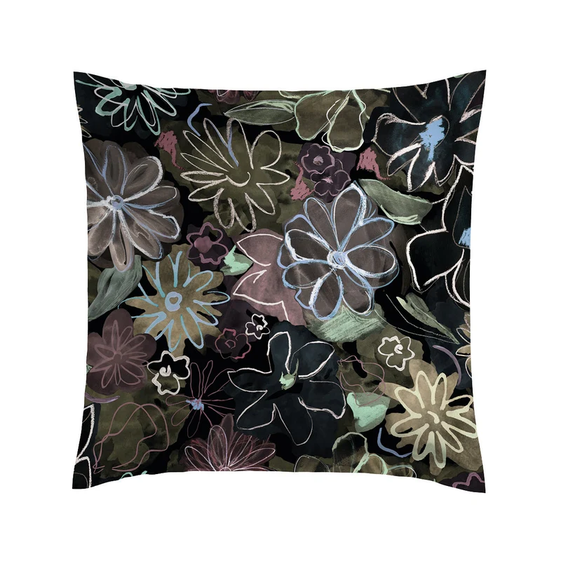 Taie d'oreiller satin de coton - Fleurs pastel Noir
