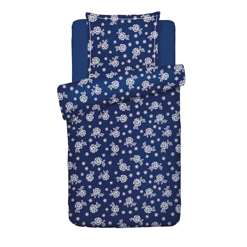 Housse de couette + taie d'oreiller satin de coton - Blossom Bleu foncé
