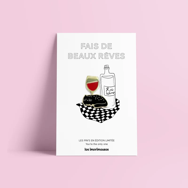 Pin's Chat noir et verre de vin - Fais de beaux rêves