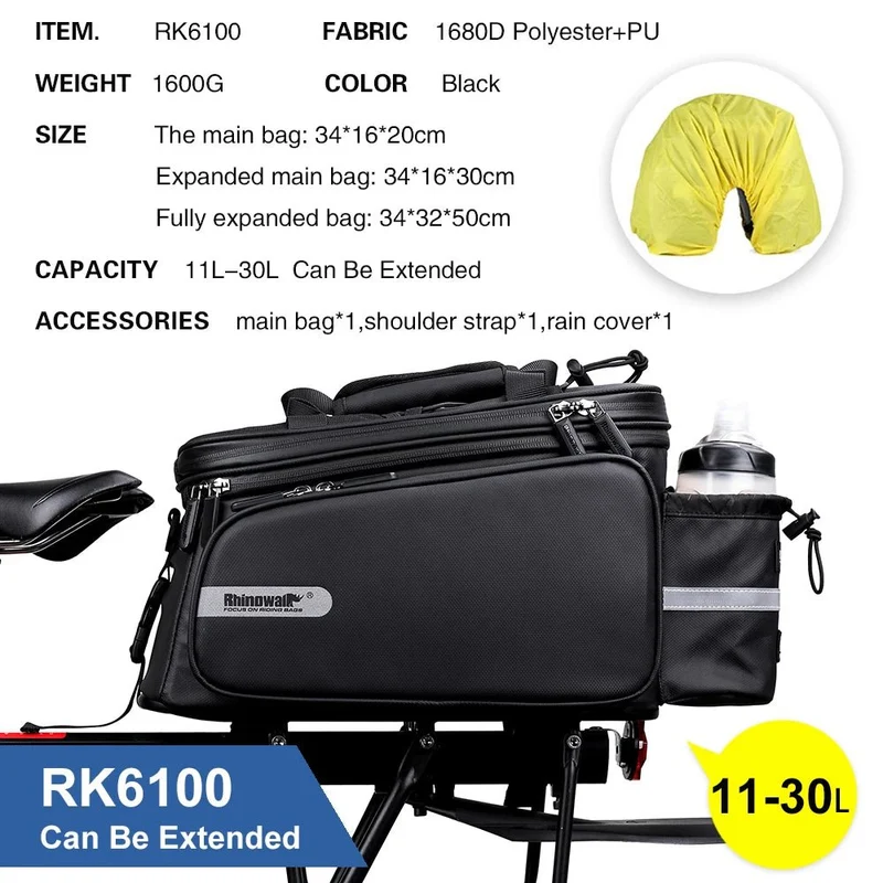 Sacoche de vélo 3 en 1 100% imperméable sur porte-bagage arrière de vélo extensible 11-30 L "Rhinowalk - RK6100"