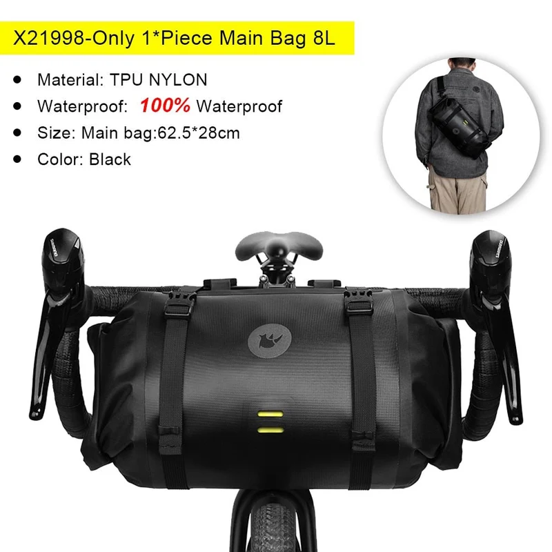 Sacoche de guidon de vélo 2 en 1 100% imperméable 8L + 4L / 12L "Rhinowalk - X21998B"