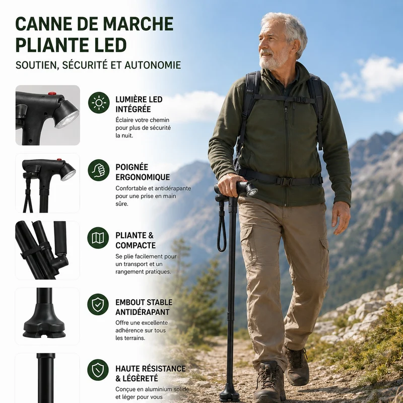 Canne de randonnée réglable avec éclairage LED