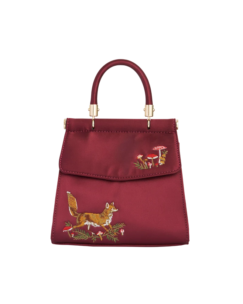 Fox & Mushroom Embroidered Burgundy Satin Tote