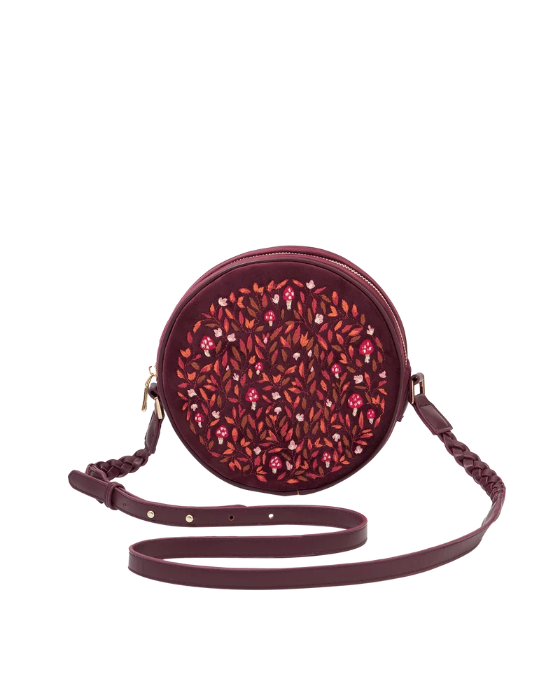 Magical Mushroom Embroidered Burgundy Velvet Circle Bag