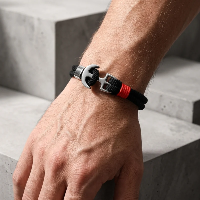 Bracelet Corde Homme à Ancre en Métal Argenté