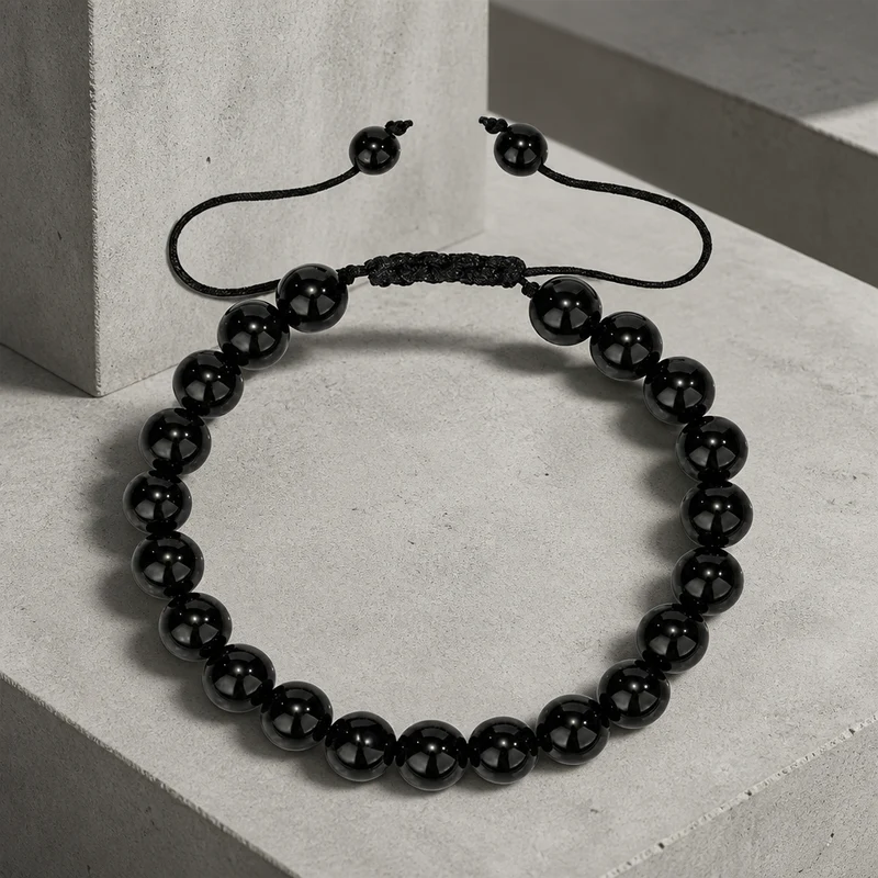 Bracelet Pierre Noire Homme, Agate sur Cordon Ajustable