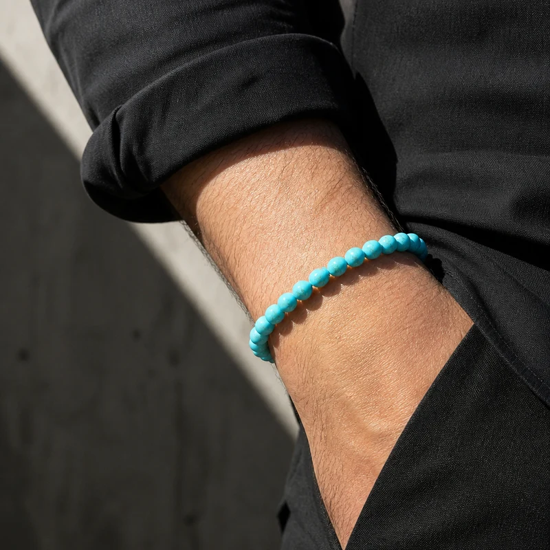 Bracelet Homme Turquoise, Perles d'Agate Teintée