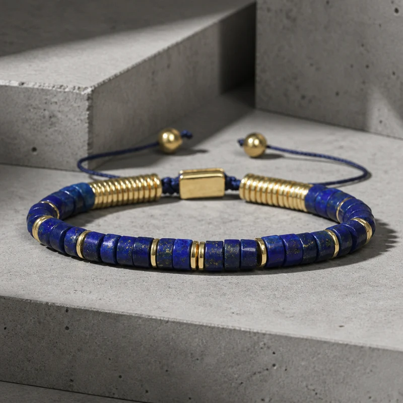 Bracelet Homme Lapis-Lazuli, Heishi et Cordon Ajustable