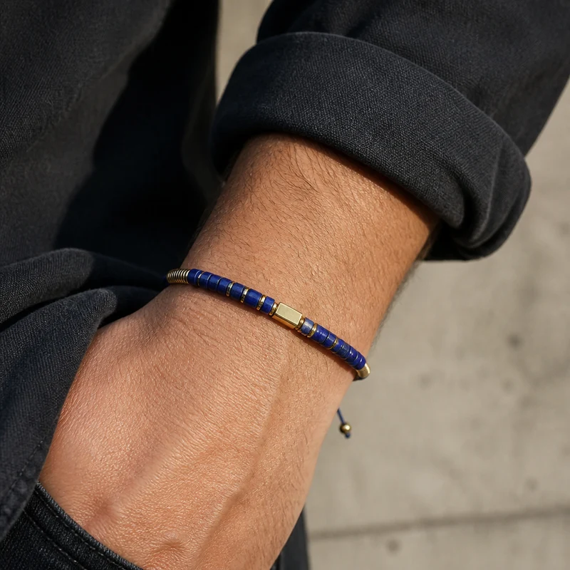 Bracelet Homme Lapis-Lazuli, Heishi et Cordon Ajustable