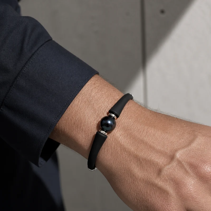 Bracelet Homme Perle de Culture sur Jonc Caoutchouc