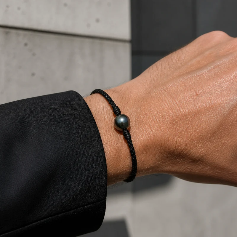 Bracelet Homme Luxe, Perle de Tahiti Noire sur Cordon
