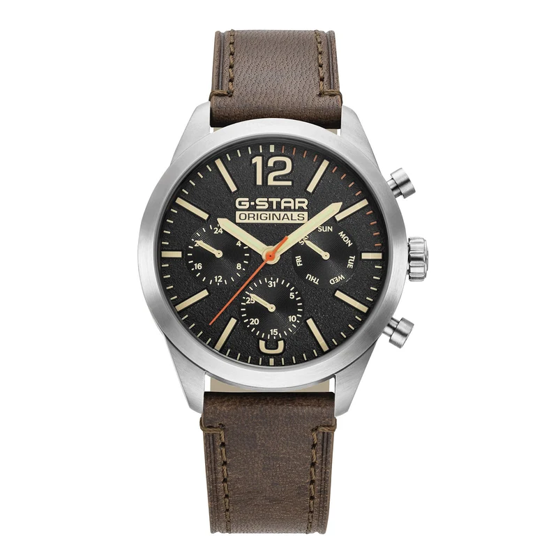 G-STAR Originals Montre Homme en Acier Argenté avec Bracelet en Cuir Marron GSW.504.01