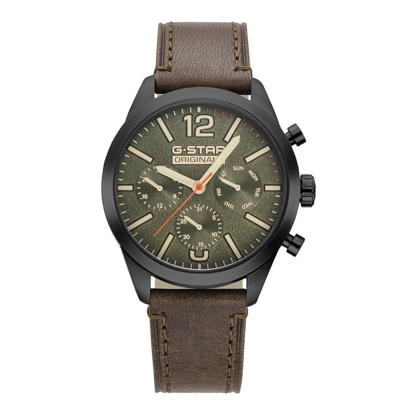 G-STAR Originals Montre Homme en Acier Noir avec Bracelet en Cuir Marron GSW.504.03