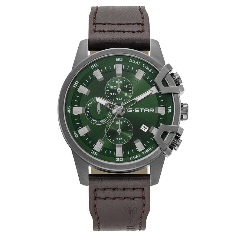 G-STAR Bend3D Montre Homme Verte avec Bracelet en Cuir Marron GSW.505.03
